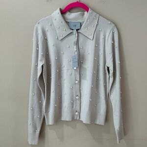 Liv Milano Beige  Pearl Button Cardigan Women S Collared Sweater Top Classic New
